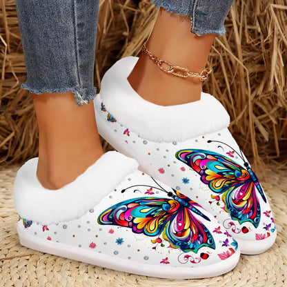 Women's Plush Butterfly Print Slip-On Slippers with Non-Slip Rubber Sole - Cozy Plush Indoor/Outdoor House Shoes, Winter Warm & Butterfly Wing Design (Pink/Blue/Purple/Green/Yellow) - Butterfly-Themed Gift for Grandma, Mom,
