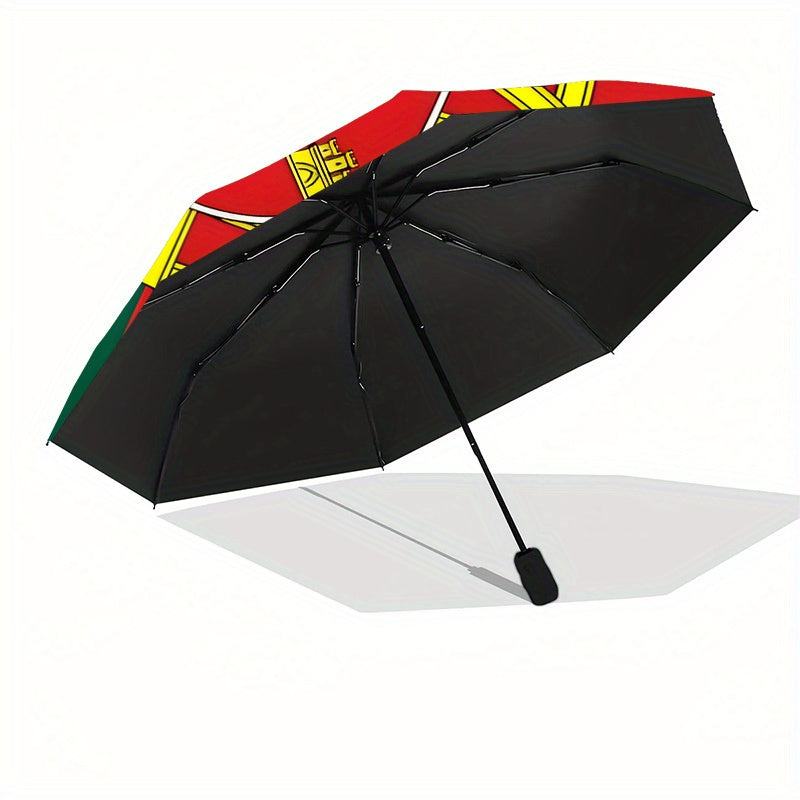 Modern Portuguese Flag Design Automatic Folding Umbrella - Durable Windproof Portable Travel Umbrella with 8 Ribs, 210T Pongee Fabric, Ideal for Holiday Gifts, Black & Red with Yellow & Blue Accents, Travel Umbrella, Gift Ite
