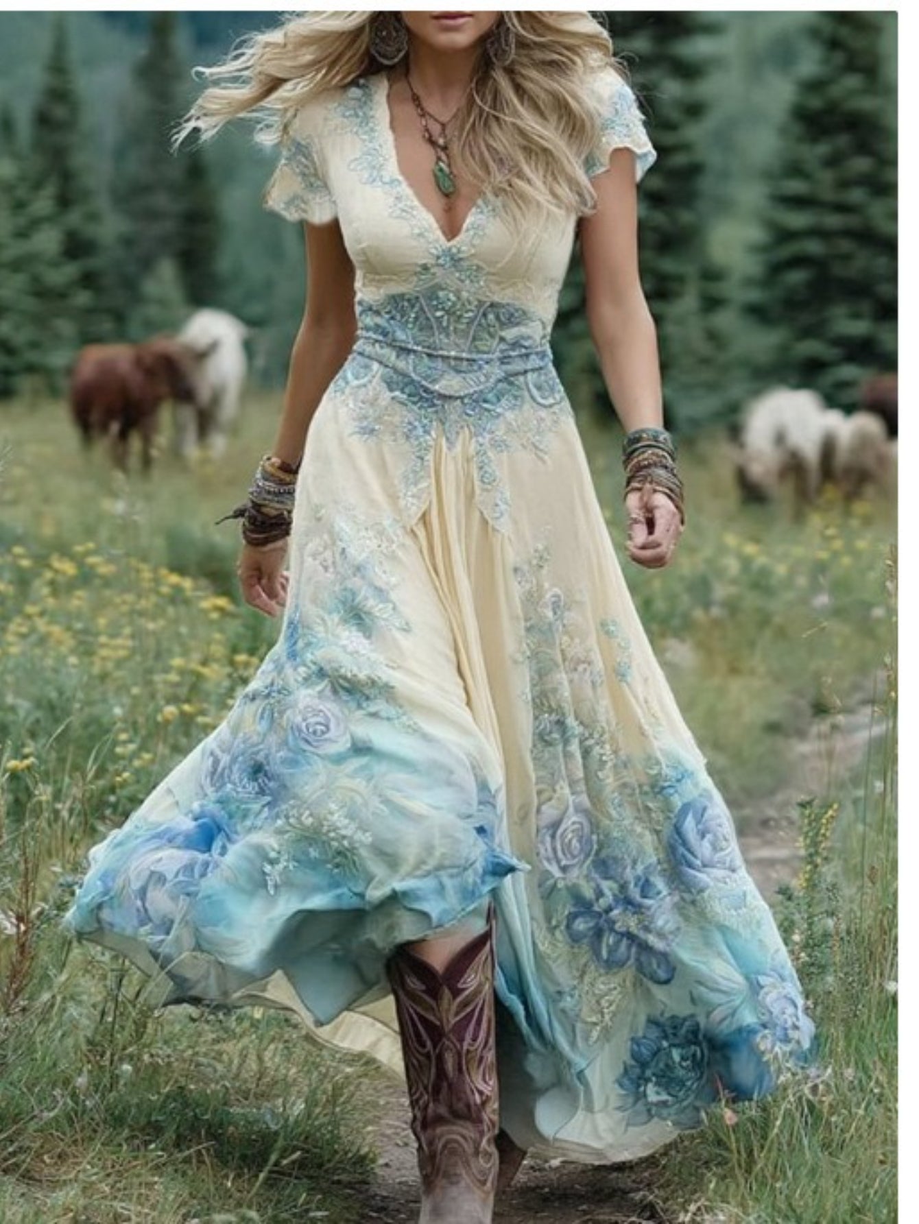 Women's Bohemian A-Line Midi Dress with Pockets - Short Sleeve V-Neck Blue Purple Pink Green Floral print Dress, Lightweight Breathable Fabric Suitable for Spring Summer Fall, Casual to Semi-Formal Occasions