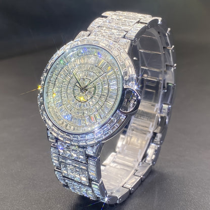 1pc PLADEN Luxury Men'S Square Ice Watch with Rhinestones, Fashion Hip-Hop Faux Faux Faux Gemstone, Round Dial, Alloy Band, Quartz Movement, Battery Operated, Water Resistant, for Party, New Year, Independence Day, Ramadan