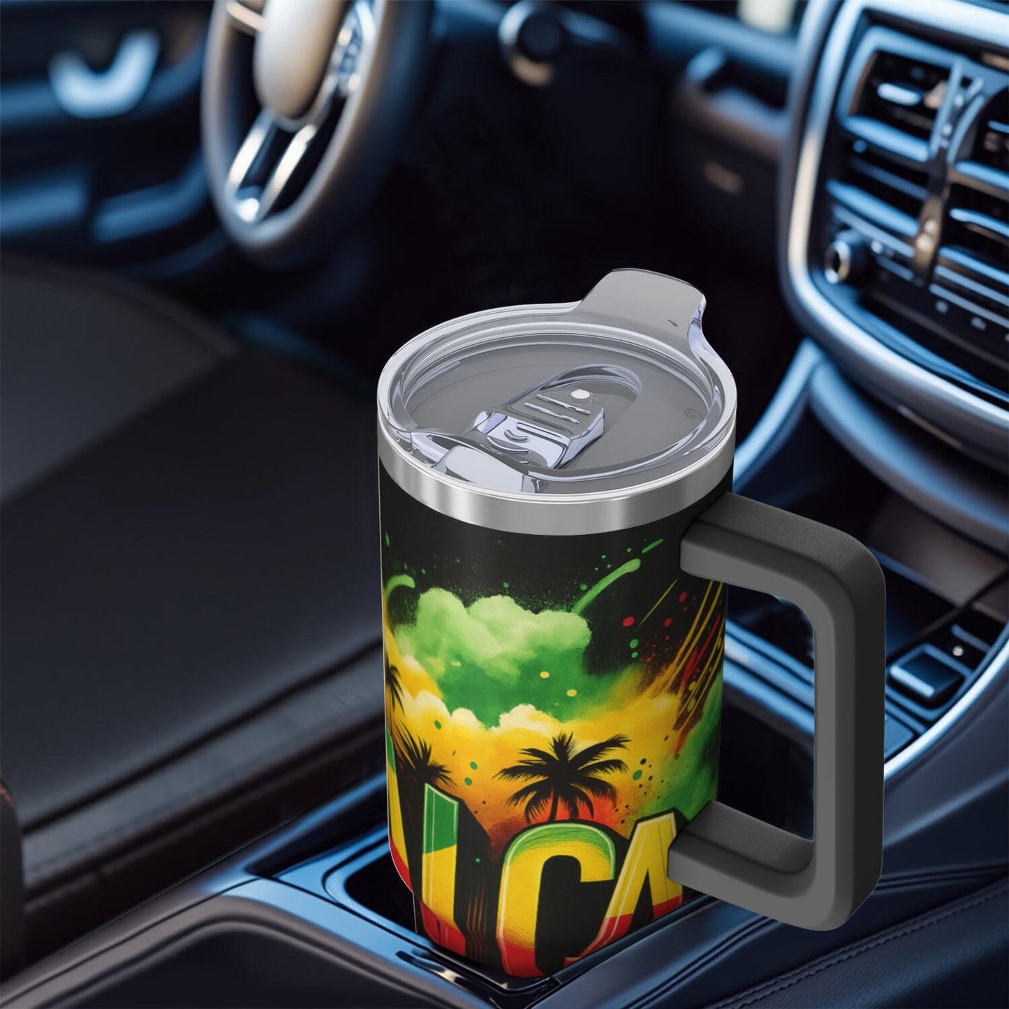 30oz Large Capacity Tumbler with Handle - Double-Wall Insulated Cup, Leakproof Lid & Built-in Straw, BPA-Free Stainless Steel Travel Mug, Keeps Drinks Hot/Cold for Hours, Tropical Jamaica Design in Green/Red/Black/ - Perfect