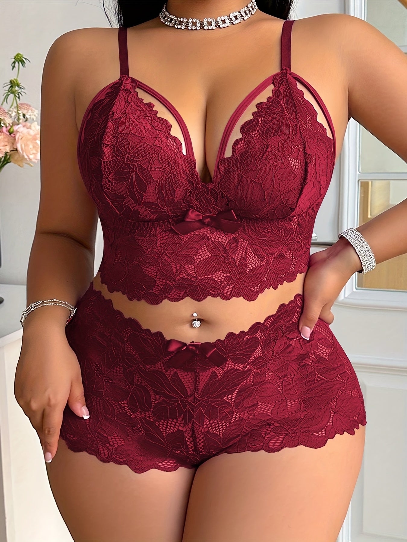 1 Set Women's Fashion, Lace Stitching, Cross Strap, Bow Decoration, Flower Printing, Semi-Permeable, Comfortable Breathable, Underwear Bra & Panty Set