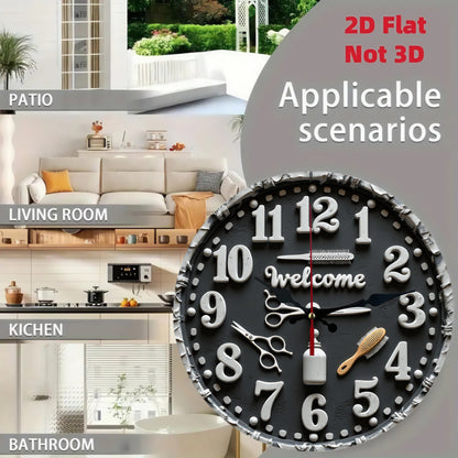 1pc Barber-Themed Wall Clock with Haircut Tools Design - Silent Non-Ticking Japanese Quartz Movement, Black & White Barber Pole & Scissors Hands, 9.84 Inch Round Plastic/Wood/Metal Construction for Home, Office, Salon Decor -