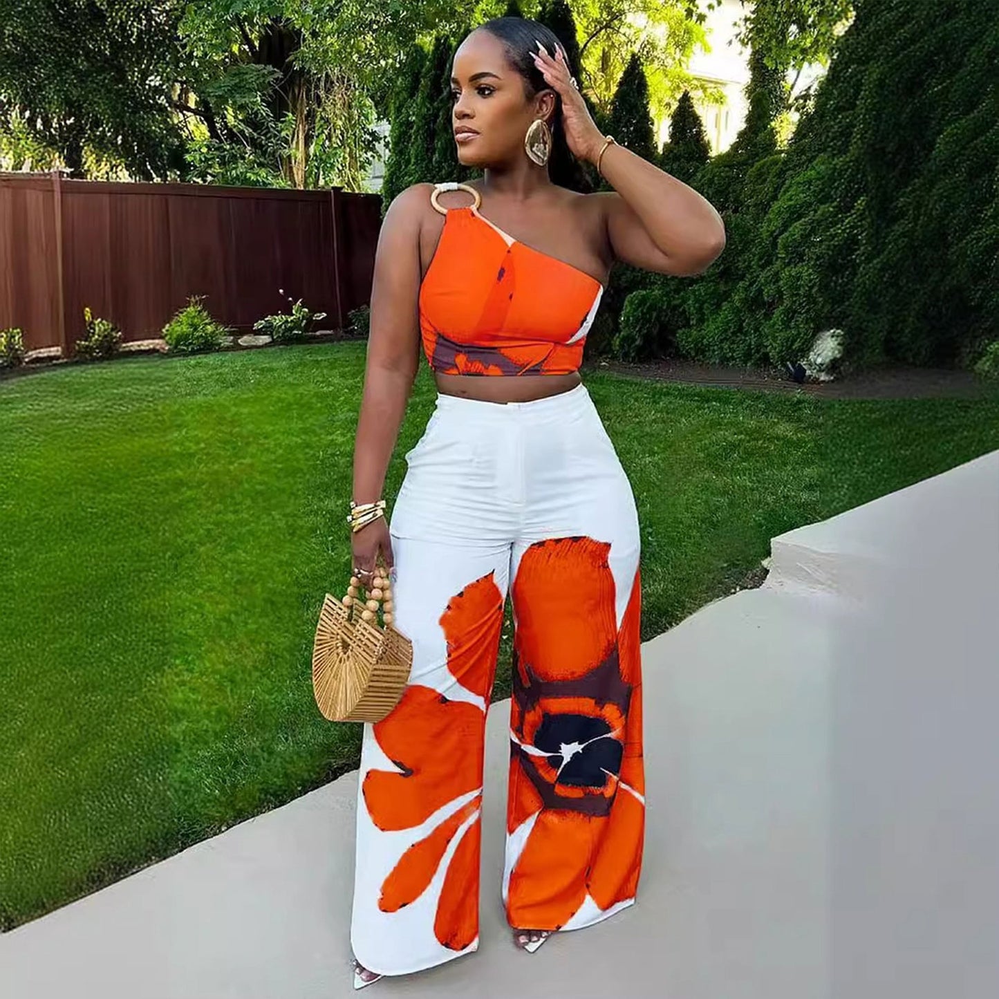 D9738 Women'S Y2K Fashion Floral Print One-Shoulder Slim Fit Wide-Leg Pants Two-Piece Set - Sexy Spring/Fall Outfit, Spring Fashion|Sleek Shoulder Design|Polyester Fabric