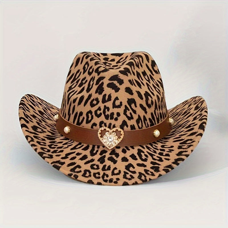2pcs Leopard Print Western Cowboy Hats with Detachable Heart-Shaped Decorative Bands, Felt Material, Animal Print Design, Lightweight & Durable for Outdoor Use, Cowboy Accessories