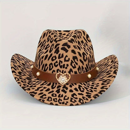 2pcs Leopard Print Western Cowboy Hats with Detachable Heart-Shaped Decorative Bands, Felt Material, Animal Print Design, Lightweight & Durable for Outdoor Use, Cowboy Accessories