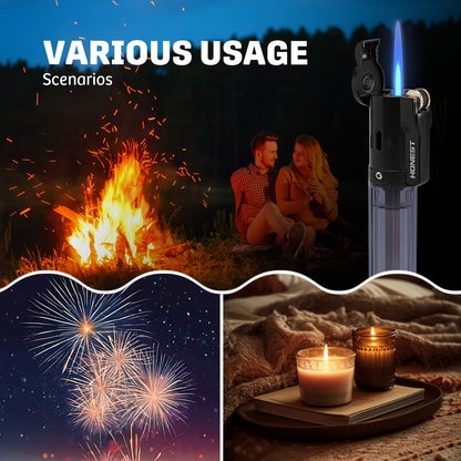 Windproof Straight Flame Lighter Without Butane, Featuring a Sand Wheel, a Visible Gas Window, And an Inflatable Design. This Mini Lighter Is Portable And Perfect for Use in The Kitchen, Fireplace, Or As Gifts for Occasions L