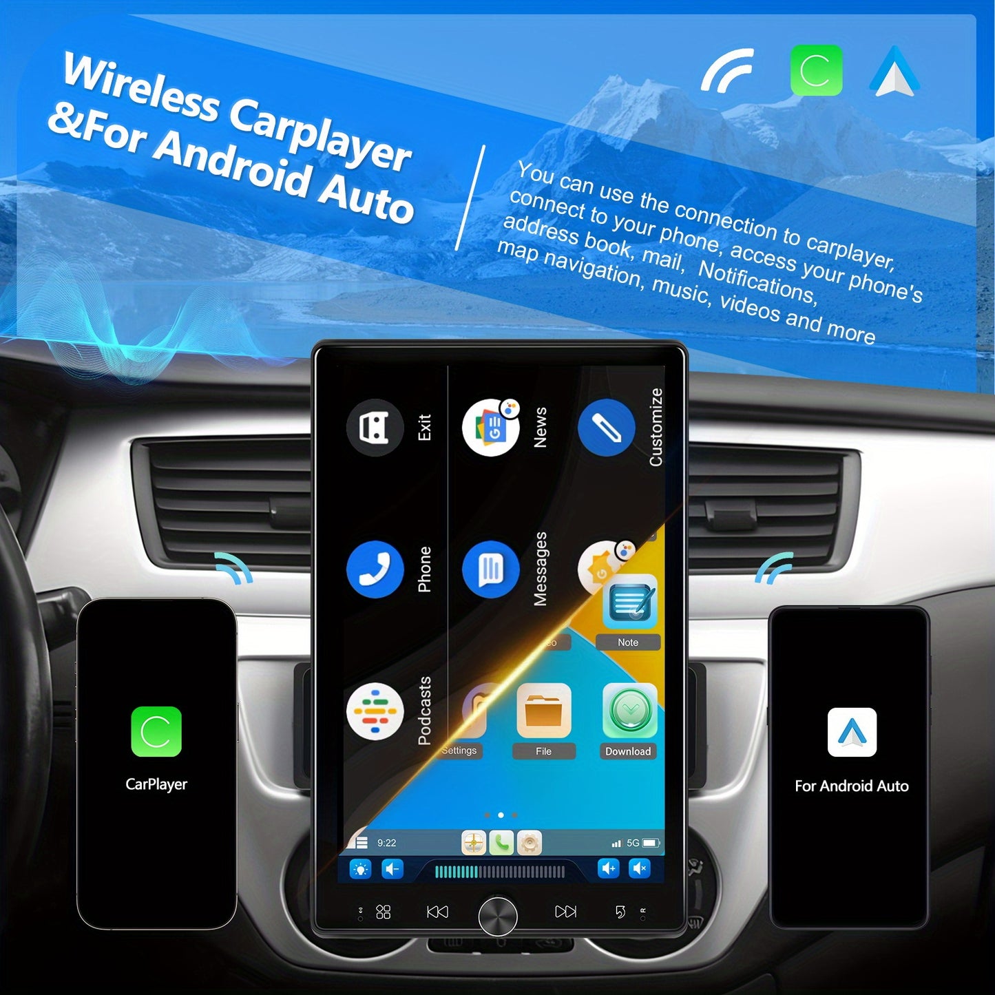 PODOFO Single Din Car Radio with Wireless Carplay Android Auto, 10.4 Inch Vertical Touch Screen Car Stereo with Mirror Link, FM/ RDS Radio, Car Radio Audio Receivers with EQ AUX/ USB+Backup Camera+Mic, Car Radio with Wireless