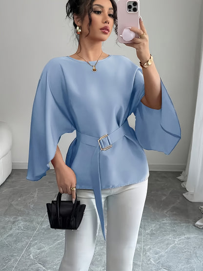 Women'S Elegant Three-Quarter Sleeve T-Shirt - Loose Fit Blouse with Waist Belt, Non-Transparent Fall/Winter Top for Everyday & Formal Outfits - Office, Party, Casual Chic Wardrobe Essential, Ladies T Shirts, Office Attire, S