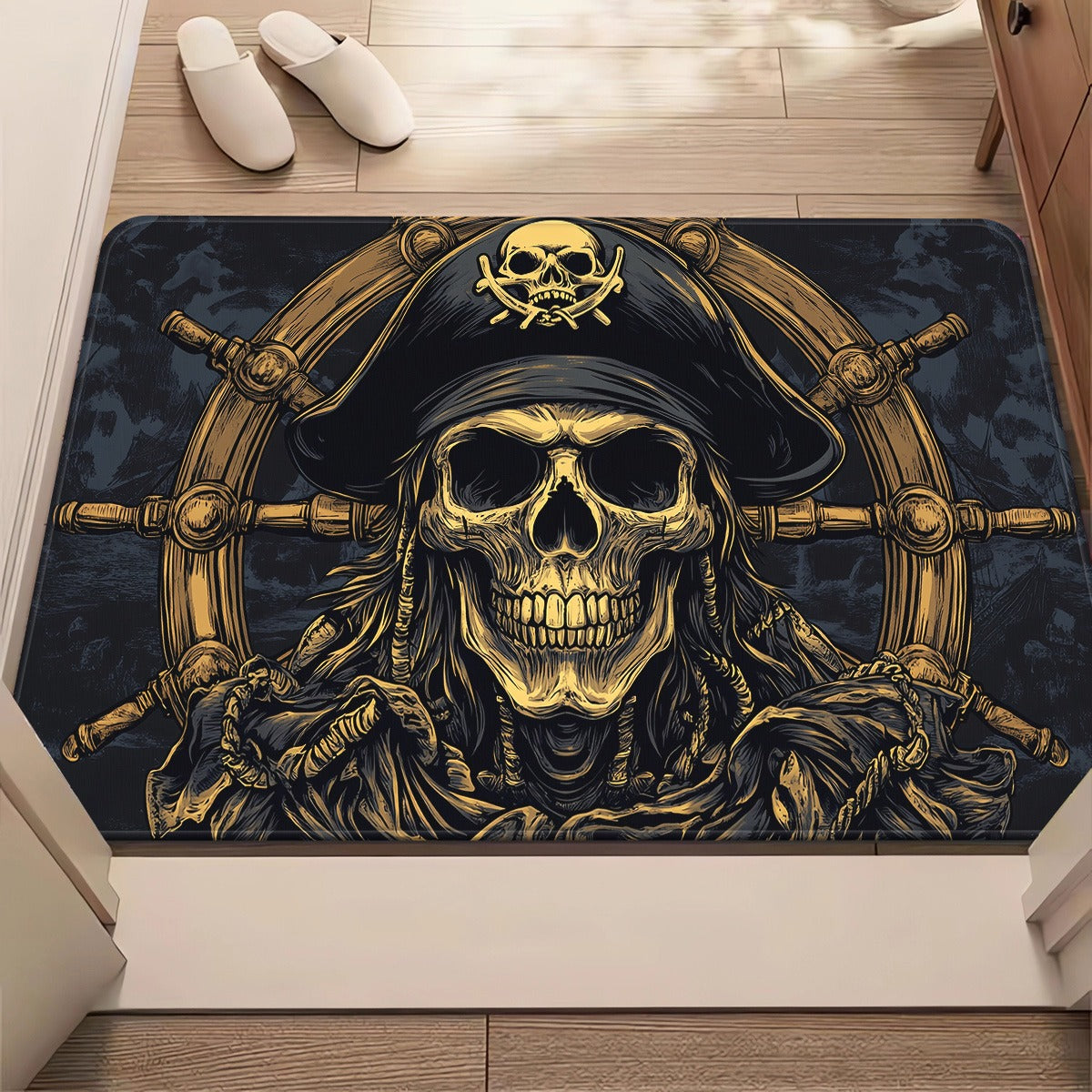 1pc Pirate Skull & Wheel Design Microfiber Absorbent Machine Washable Polyester Rug - Black & Golden Pirate Ship Wheel & Skull Motif, Durable Rectangular Floor Mat for Bathroom, Bedroom, Living Room Entrance, Home Decor, Bath