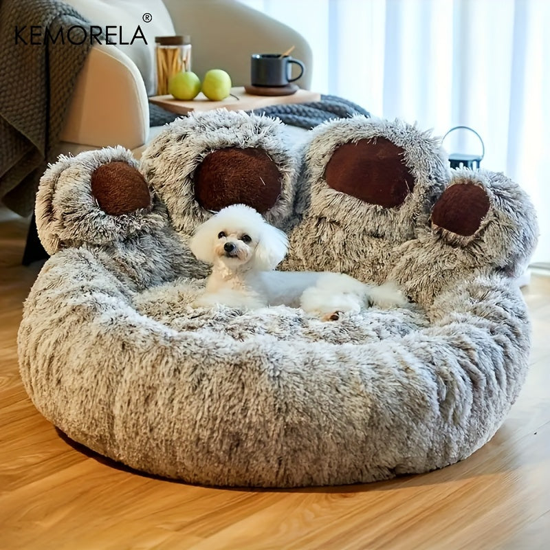 Bear Paw-Shaped Plush Pet Bed with Non-Slip Bottom - KEMORELA - Soft Polyester & Polyester Fiber Fill - Cozy Warm Cat & Dog Bed for Small Pets - Cute Animal-Themed Home Decor - Playful Design