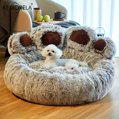 Bear Paw-Shaped Plush Pet Bed with Non-Slip Bottom - KEMORELA - Soft Polyester & Polyester Fiber Fill - Cozy Warm Cat & Dog Bed for Small Pets - Cute Animal-Themed Home Decor - Playful Design