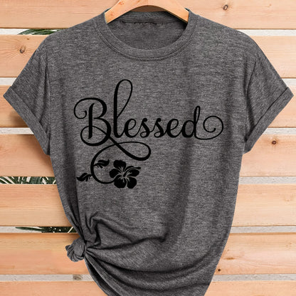 Women's Casual Short Sleeve T-Shirt - Blessed Floral Print Retro Style, Soft Stretch Round Neck Top, Machine Washable All-Season Comfort, Multi-Color Options S-XXL, Ladies T Shirts