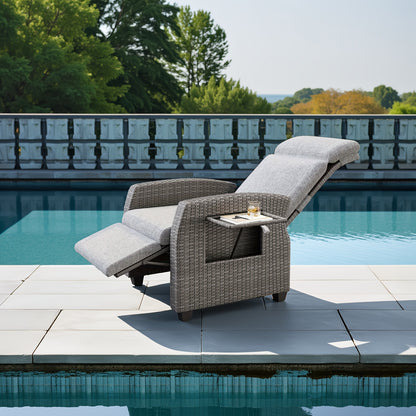 All-Weather PE Wicker Outdoor Recliner Chair with Adjustable Backrest & Footrest, Pop-Up Table & Air Pump Included - Heavy-Duty Patio Lounge Chair, Easy Assembly, Reclines to 155° Lay Flat (for poolside,, Balcony) - Low