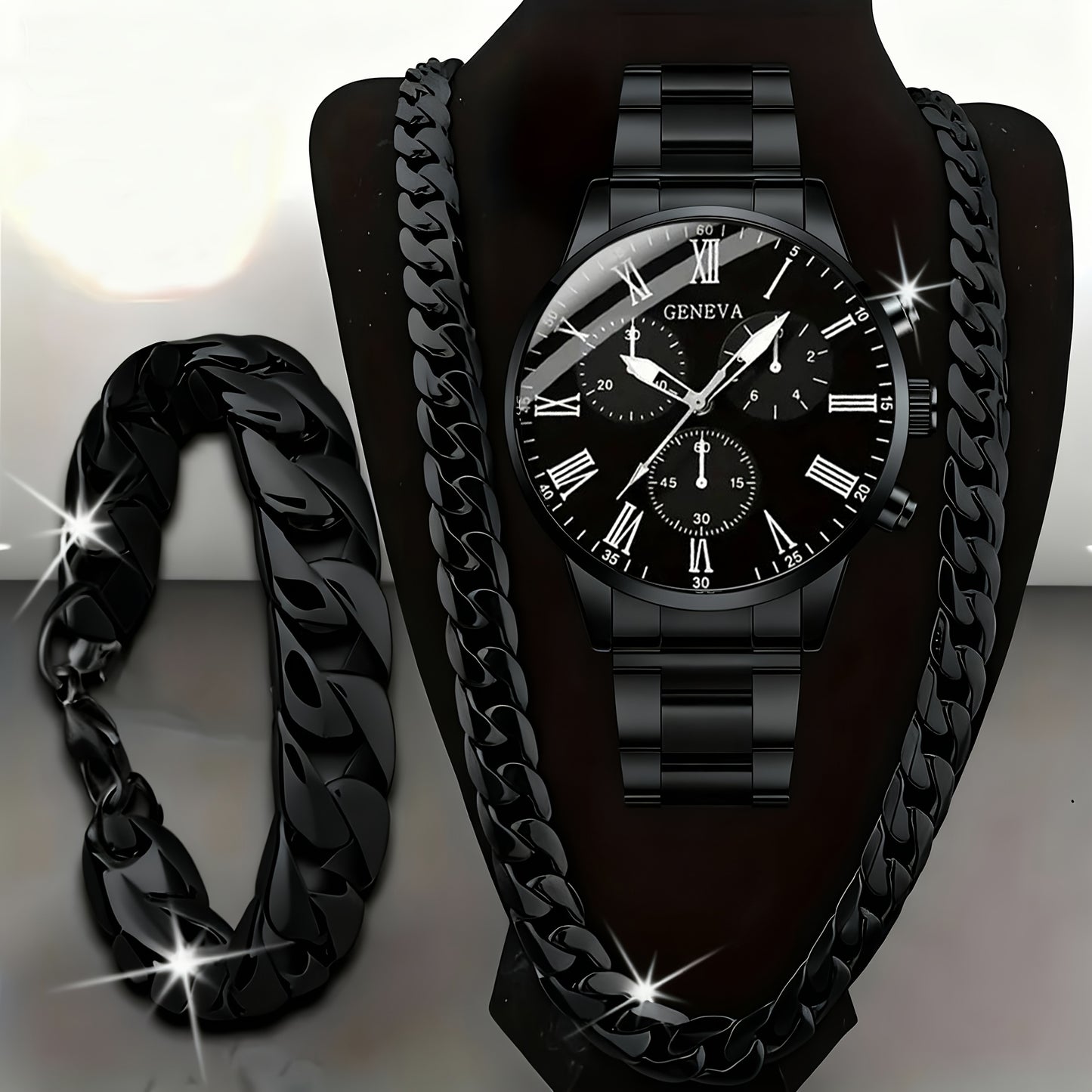 3pcs Set Men's Watch & Necklace Bracelet Set - Quartz Movement Analog Watches with Matching Bracelets, Analog with Hour/Minute/Second Hands, Round Face Business & Casual Wristwatch Collection for Gifts for Men (-)
