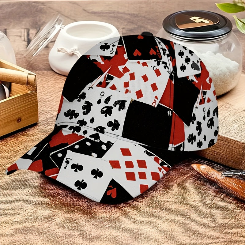 1pc Card Chaos Print Classic Baseball Cap - Lightweight Adjustable Duckbill Hat with Playing Card Symbols (Hearts, Spades,), Breathable Textile Fabric for Casual & Outdoor Activities, Mixed Colors, Adjustable Baseball Cap, Le
