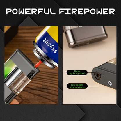 Butane Lighter with a Green Flame, a Versatile Featuring a Visible Window, Adjustable Flame Size, Wind-Resistant Design, Rocker Arm Ignition, And a Metal Casing. It'S a Stylish, Refillable Lighter That Does Not Include Butane
