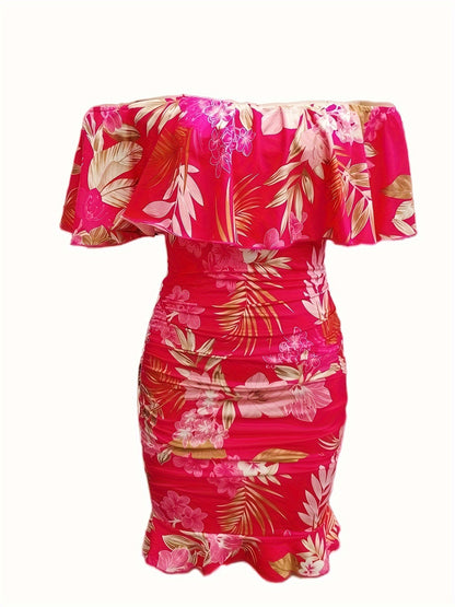 Floral Print Off Shoulder Dress, Sexy Ruched Bodycon Dress For Spring & Summer, Women's Clothing