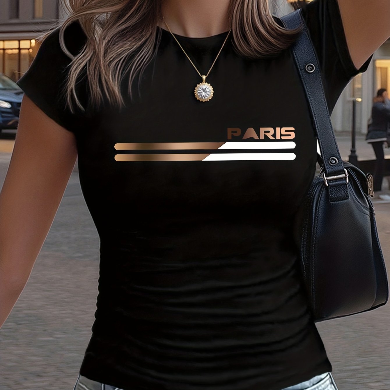 Women'S Y2K Style T-Shirt - Light with Paris Lettering, Stretchy Everyday Casual Top, All-Season Everyday & Formal Outfits - Minimalist Paris Lettering Graphic Tee for, Fashion Lovers, Comfortable Fit, Trendy Design, Versatil