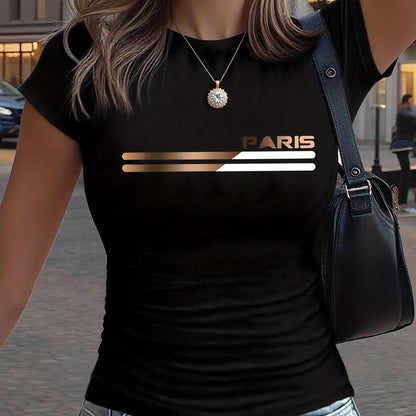 Women'S Y2K Style T-Shirt - Light with Paris Lettering, Stretchy Everyday Casual Top, All-Season Everyday & Formal Outfits - Minimalist Paris Lettering Graphic Tee for, Fashion Lovers, Comfortable Fit, Trendy Design, Versatil