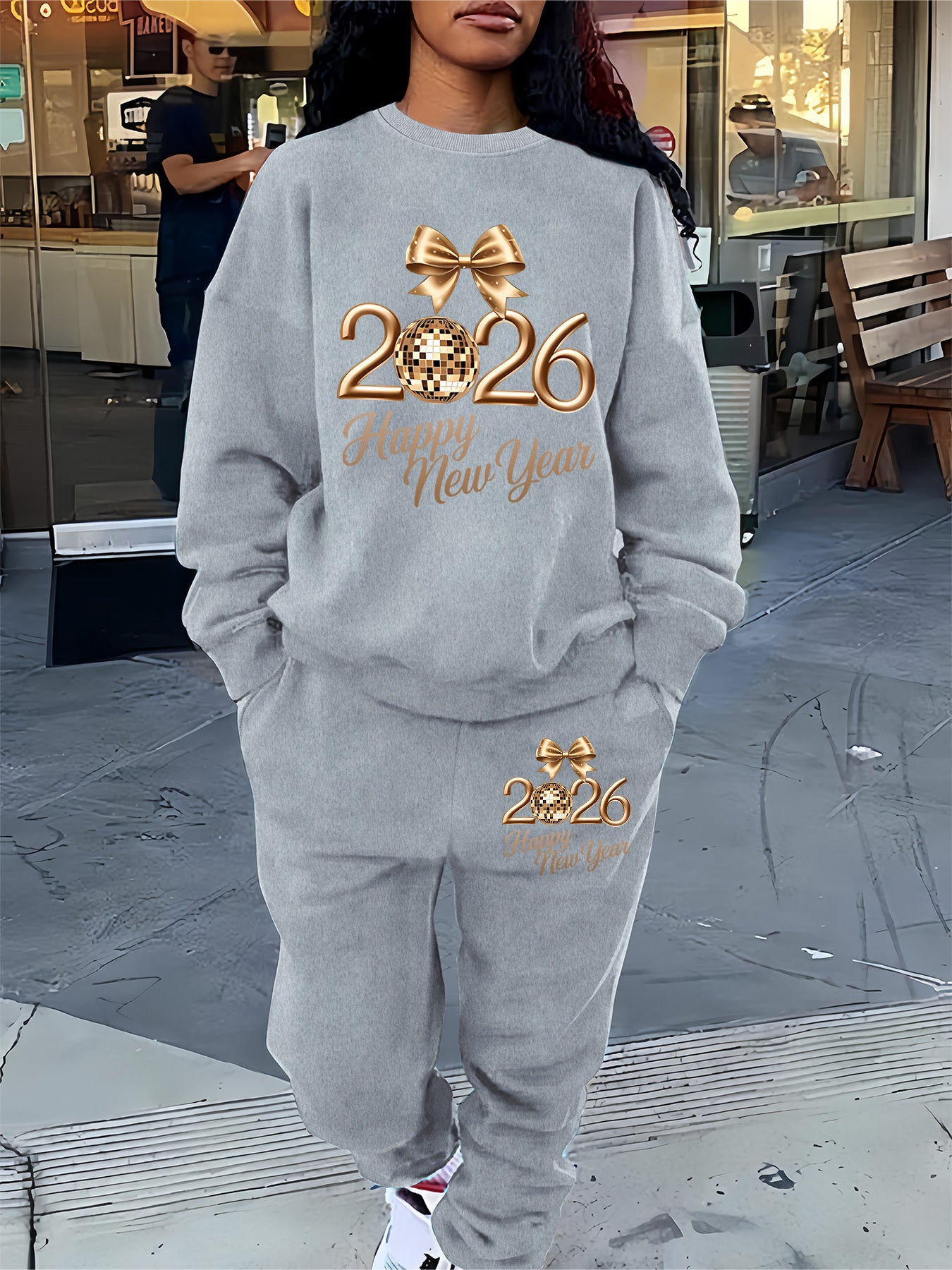 Women'S Casual Crew Neck Sweatshirt & Pants Set - Cozy Fleece-Lined Two-Piece Outfit with "Happy New Year" Print, Perfect for Fall/Winter, Casual Wear, |playful Print|fleece Lined Pants, Sweater Pants