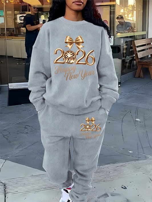 Women'S Casual Crew Neck Sweatshirt & Pants Set - Cozy Fleece-Lined Two-Piece Outfit with "Happy New Year" Print, Perfect for Fall/Winter, Casual Wear, |playful Print|fleece Lined Pants, Sweater Pants