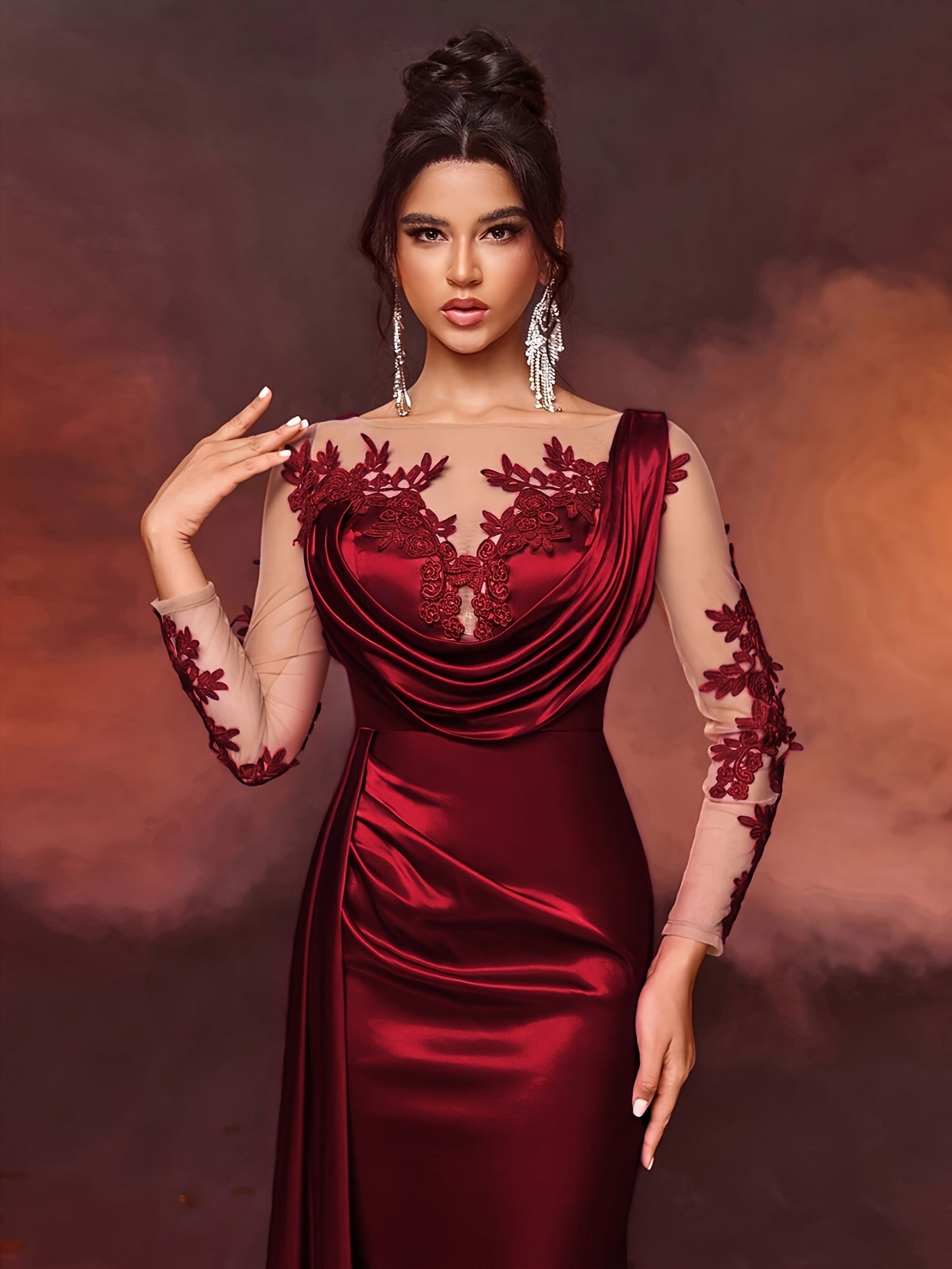 Elegant Long Ladies' Gown with Lace Detail | Solid Color, Contrast Mesh, Long Sleeve, Gown Hem, Ideal for Christmas, Birthday, Graduation, Travel
