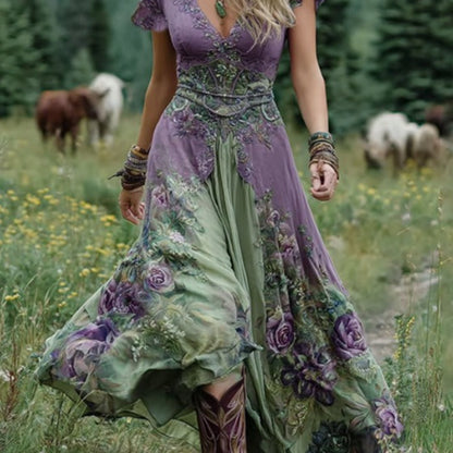 Women's Bohemian A-Line Midi Dress with Pockets - Short Sleeve V-Neck Blue Purple Pink Green Floral print Dress, Lightweight Breathable Fabric Suitable for Spring Summer Fall, Casual to Semi-Formal Occasions