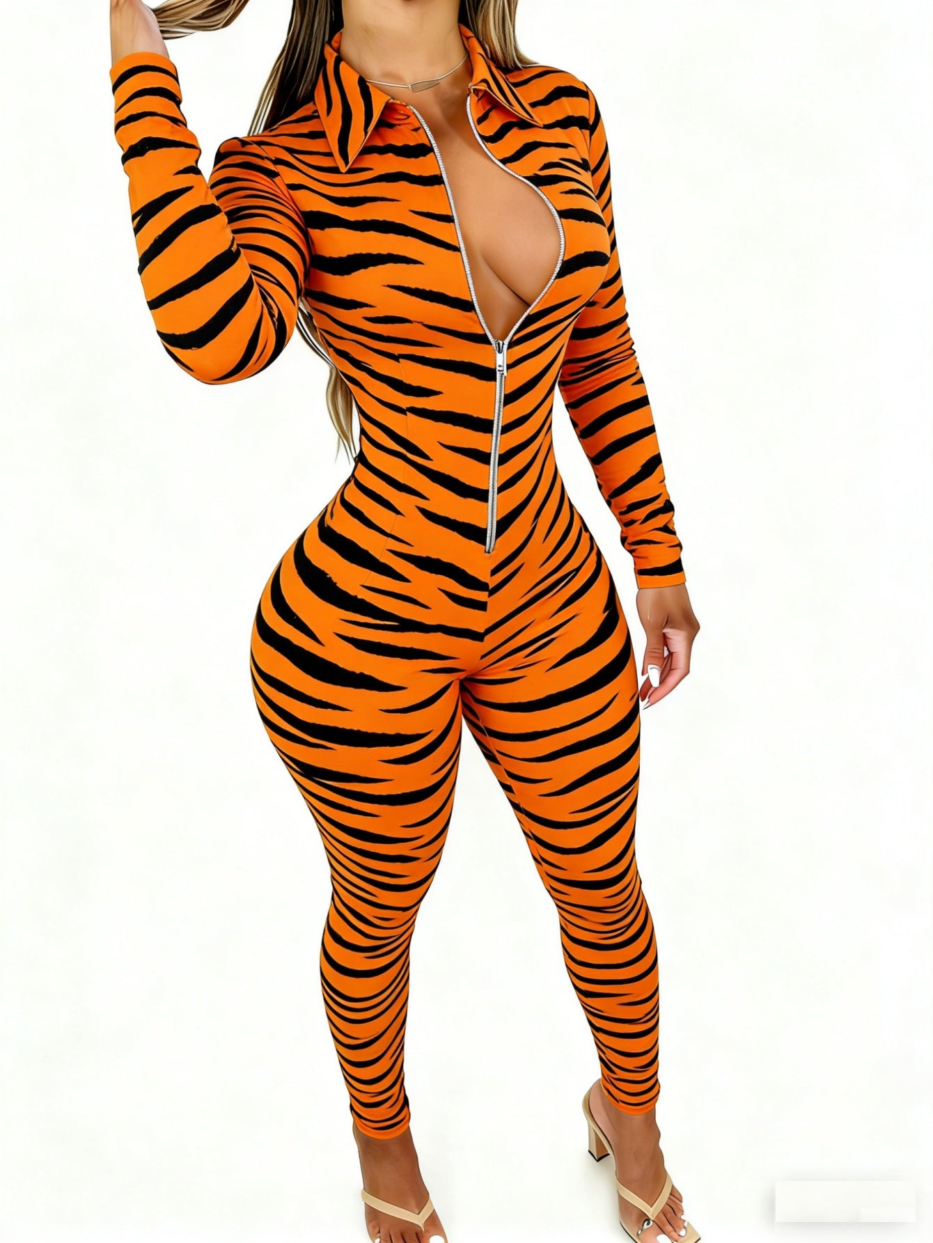 Women' Elegant Slim-Fit Front Zipper Collar Jumpsuit - Animal Print Stripes Suit, Machine-Washable Year-Round Wear Suitable for Any Season - Casual Office Party Wedding Attire
