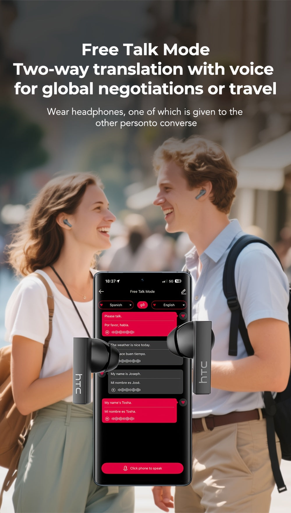 HTC NE40 Rotary Screen TWS Translator Buds Wireless 6.0 134-Language Face-to-Face Simultaneous Interpretation 48h Total Battery & 10-min Fast Charge LED Full-Color Touch Dial HiFi Audio-Travel-Call Ready Black And Grey
