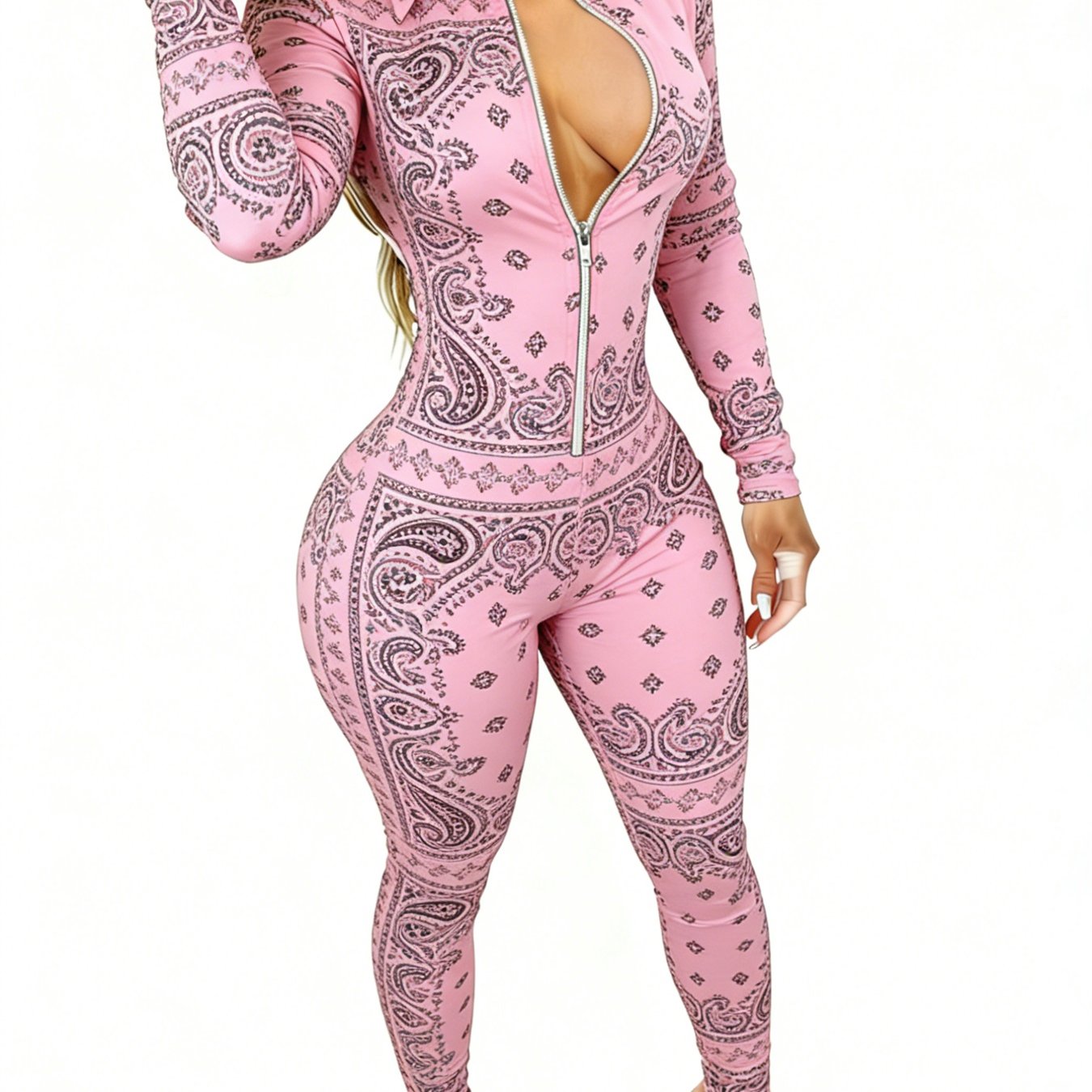Women's Long Sleeve Slim-Fit Zip-Front Jumpsuit with Pink Paisley Print - Cute & Stylish for Dates, Shopping Trips | Sizes 2XS-2XL
