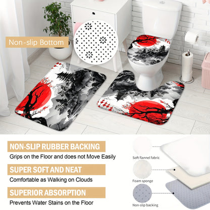 4pcs Japanese Cherry Blossom Mountain Landscape Shower Curtain Set, Black & Red Ink Wash Style with Sun, Tree, And Floral Design, Includes 12 Hooks, Toilet Lid Cover, Non-Slip U-Shaped Mat, Rugs, Traditional Asian Bathroom Ac