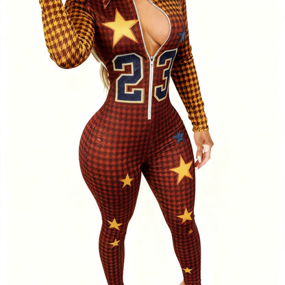 Plus Size - Women'S Sexy V-Neck Jumpsuit | Zipper Closure, Fashion Printed, Versatile for Party, Club & Daily Wear, 4-Season Fashion Outfit, Lapel Collar, Slight Stretch Fabric
