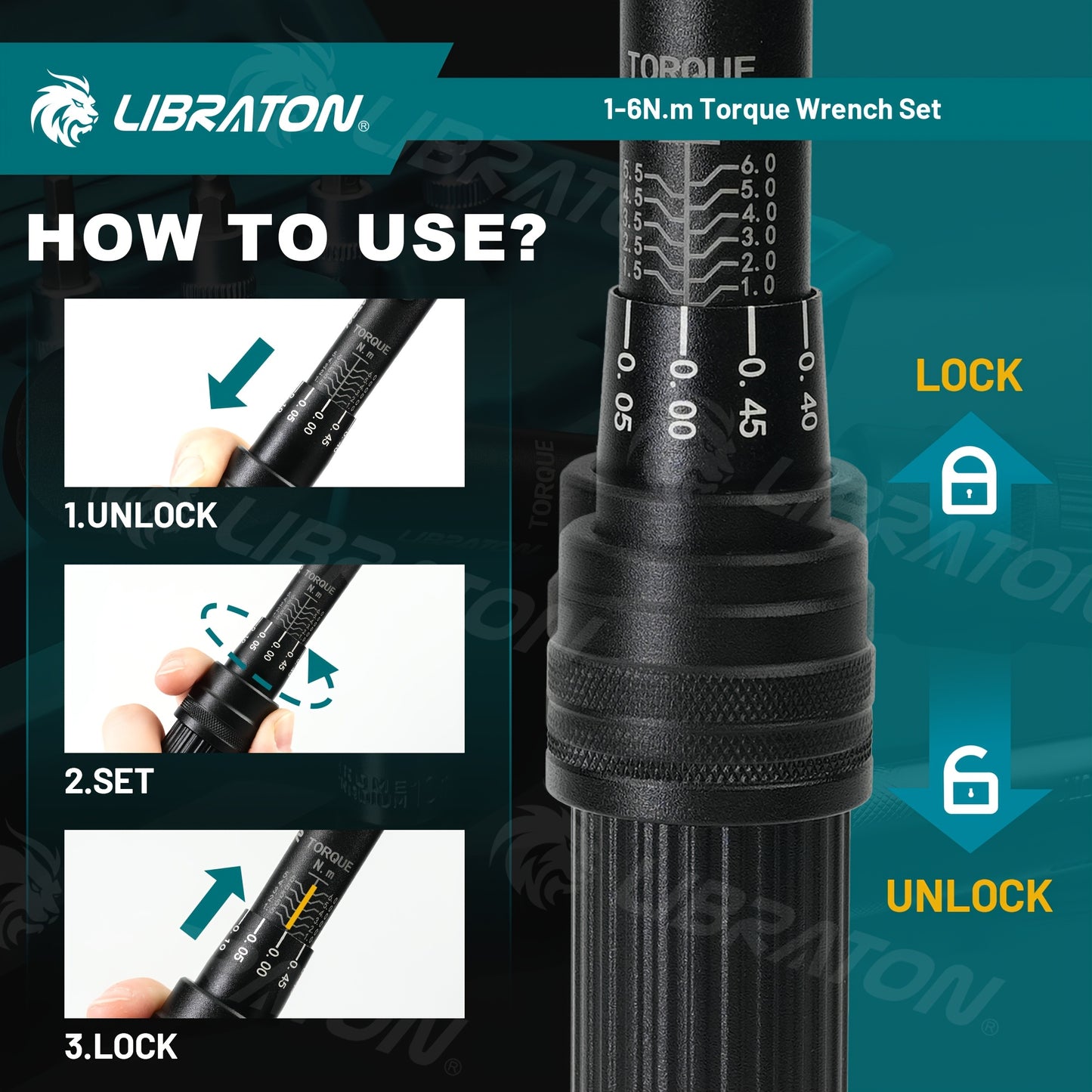 LIBRATON 1/4'' Torque Wrench Set, 1-6Nm Suitable for Bike, 0.05Nm Micro Drive Click Torque Wrench Set, Bicycle Maintenance Kit with Hex, Torx/Star Bit Sockets, Extension Bar Kit, Gift for Boyfriend, Dad, for Man
