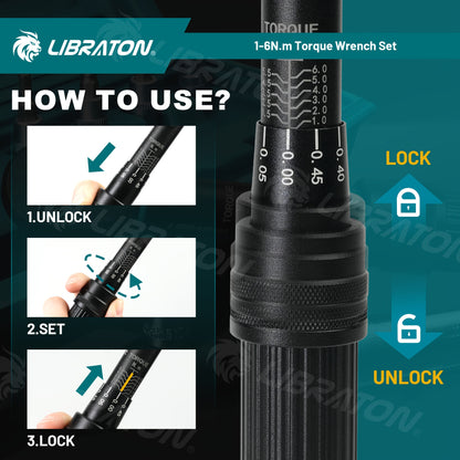 LIBRATON 1/4'' Torque Wrench Set, 1-6Nm Suitable for Bike, 0.05Nm Micro Drive Click Torque Wrench Set, Bicycle Maintenance Kit with Hex, Torx/Star Bit Sockets, Extension Bar Kit, Gift for Boyfriend, Dad, for Man