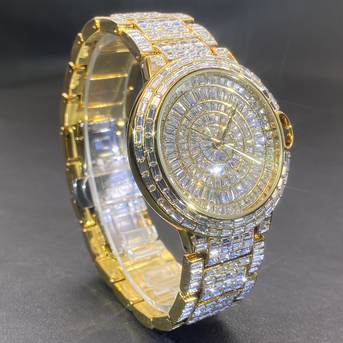 1pc PLADEN Luxury Men'S Square Ice Watch with Rhinestones, Fashion Hip-Hop Faux Faux Faux Gemstone, Round Dial, Alloy Band, Quartz Movement, Battery Operated, Water Resistant, for Party, New Year, Independence Day, Ramadan