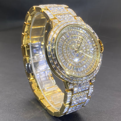 1pc PLADEN Luxury Men'S Square Ice Watch with Rhinestones, Fashion Hip-Hop Faux Faux Faux Gemstone, Round Dial, Alloy Band, Quartz Movement, Battery Operated, Water Resistant, for Party, New Year, Independence Day, Ramadan