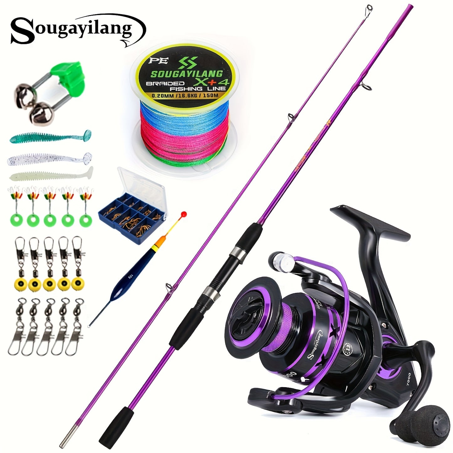 Sougayilang Fishing Rod and Reel Set, Two-Section Straight Handle Spinning Reel Combo with 5.2:1 Gear Ratio for Blackfish, Trout, Bass, Dogfish, and Carp - Beginner-Friendly Complete Tackle Kit with Random Color Line and Bait