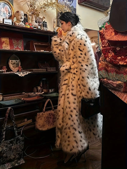 Ladies' Faux Jacket - Black And White Dalmatian Pattern Fluffy Outerwear for Fall/Winter 2025. Vegan-Friendly Fox Coat for Women - Oversized Spotted Black And White Jacket - Cozy And Fashionable Winter Outerwear. New Women'S