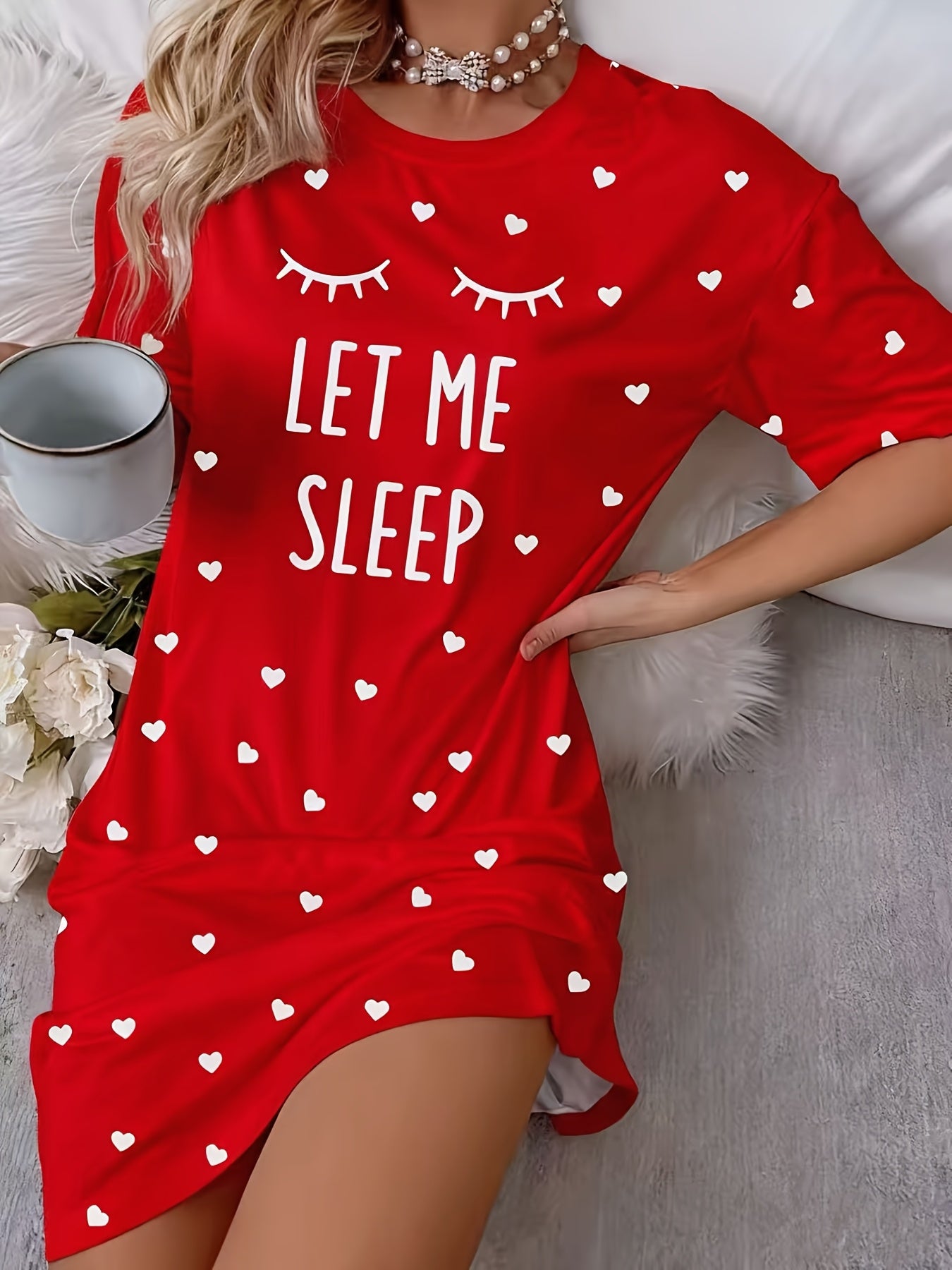 Women's Red Pajama Dress with "LET ME SLEEP" Slogan & Heart Cutouts - Short Sleeve Round Neck Sleepwear Nightgown, Machine Washable All-Season Nightdress for Bed, Lounge & ( Sleepwear)