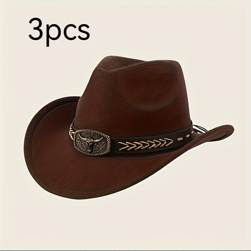 3pcs Unisex Western Cowboy Hats - Wide Brim Sun Protection, Metal Bull Head Buckle & Braided Faux Belt, Vintage Style for Outdoor Riding, Hiking, Rodeo (Black/Brown/White) | Classic Cowboy Style | Faux Fabric