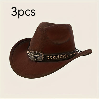 3pcs Unisex Western Cowboy Hats - Wide Brim Sun Protection, Metal Bull Head Buckle & Braided Faux Belt, Vintage Style for Outdoor Riding, Hiking, Rodeo (Black/Brown/White) | Classic Cowboy Style | Faux Fabric