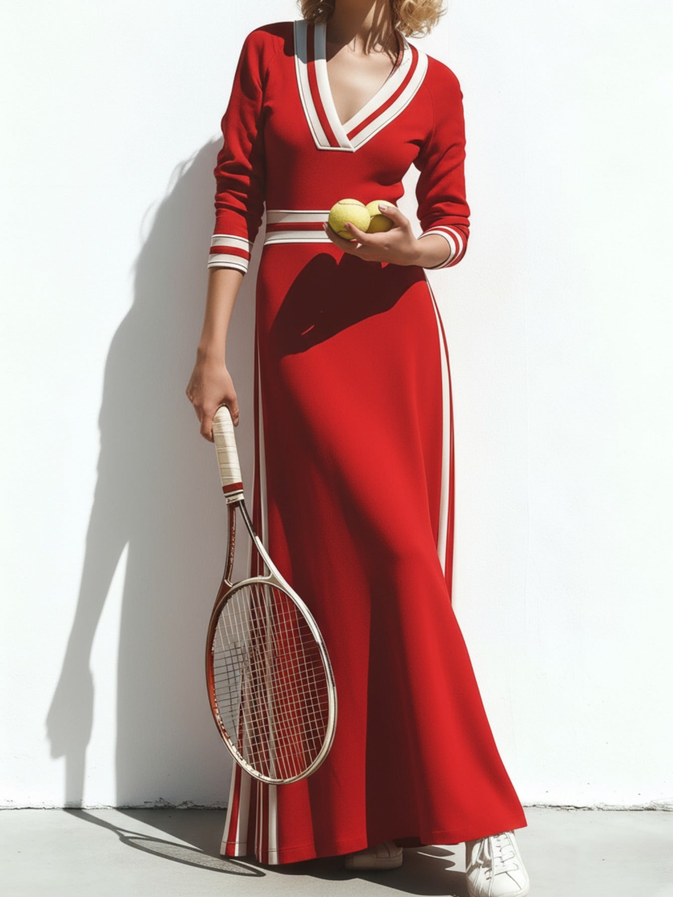 Women'S Red Long Dress Featuring White Accents in a Vintage Design, Ideal for Casual Outings, Fashionable Streetwear, And Distinctive Styling Events