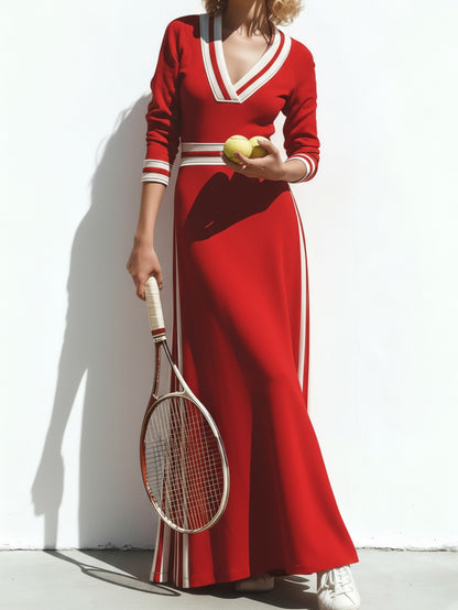 Women'S Red Long Dress Featuring White Accents in a Vintage Design, Ideal for Casual Outings, Fashionable Streetwear, And Distinctive Styling Events