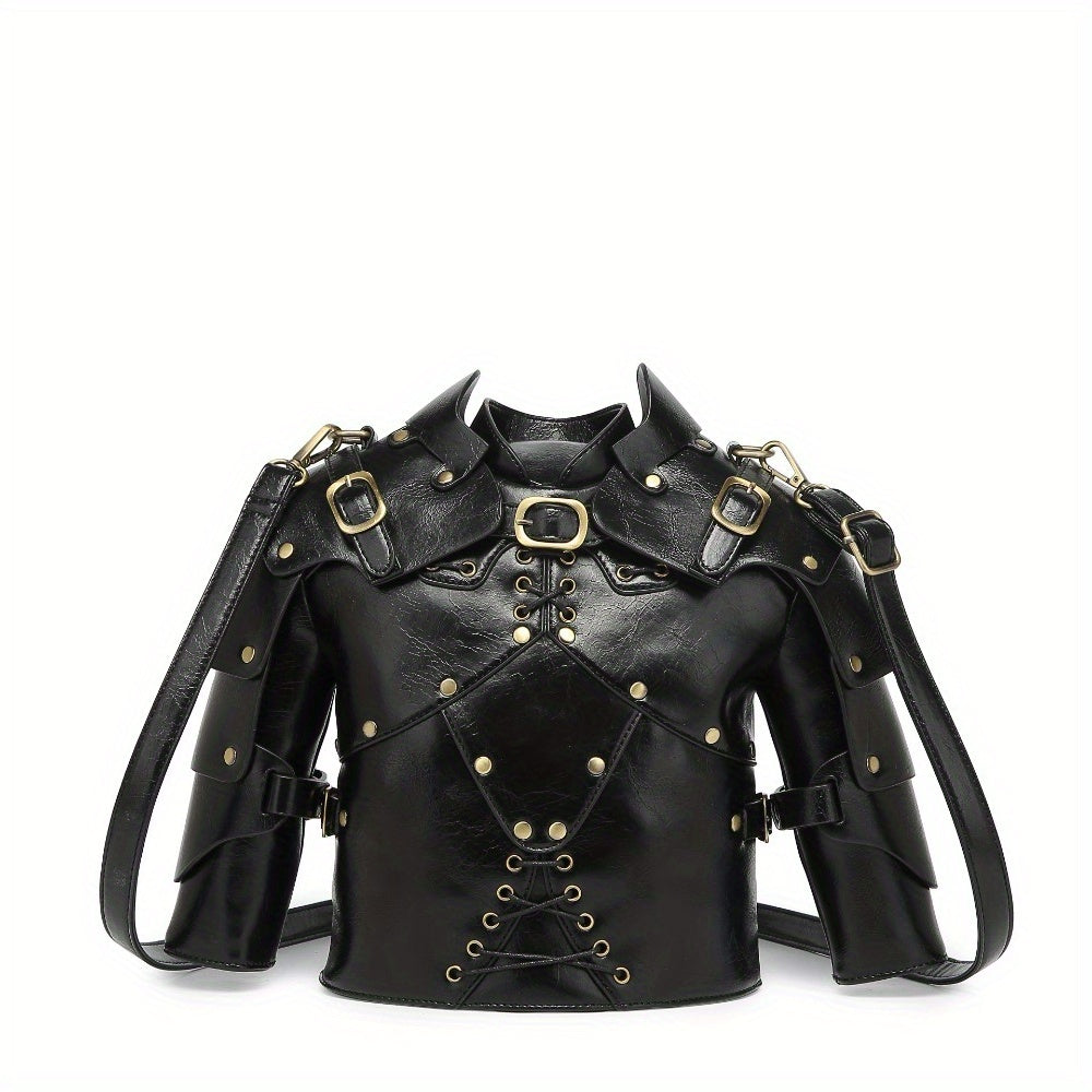 Punk Vintage Style Crossbody Bag Gothic Rivet Crossbody Bag - Double Zipper Pockets, with Adjustable Shoulder Strap, Dark Industrial Medieval Style, Armor Shaped Street Single Shoulder Bag for Men and Women