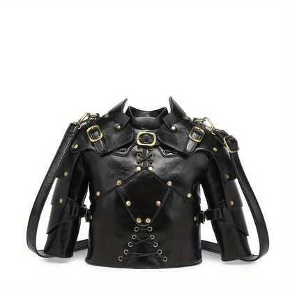 Punk Vintage Style Crossbody Bag Gothic Rivet Crossbody Bag - Double Zipper Pockets, with Adjustable Shoulder Strap, Dark Industrial Medieval Style, Armor Shaped Street Single Shoulder Bag for Men and Women