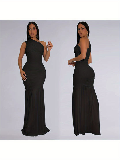 European and American Fashion Women's Dress with Slanted Shoulder and Sheer Color;