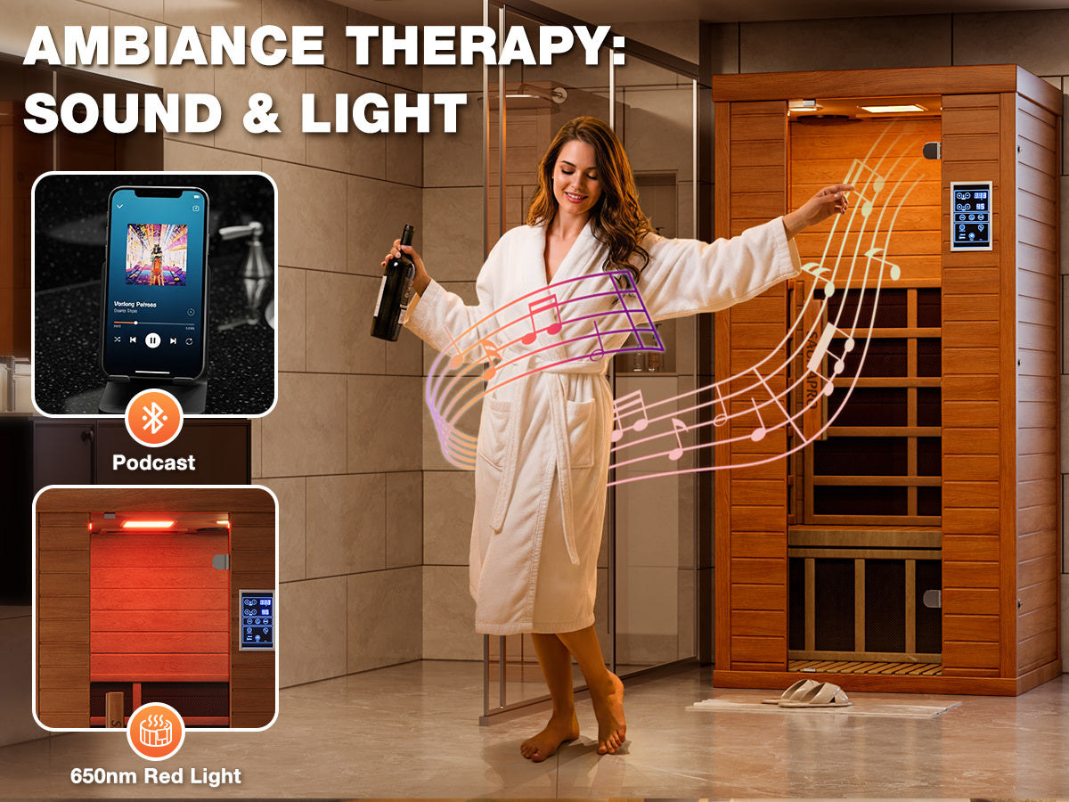 1-Person Sauna Room, Indoor Spectrum Infrared Sauna for Home, Dry Sauna with WiFi/BT Control and 5 Heater Panels, 9-Color Light Therapy, Safe Flame-Retardant Material, Wood Low EMF 1200W/120V Heater, Home Spa and Gym Use