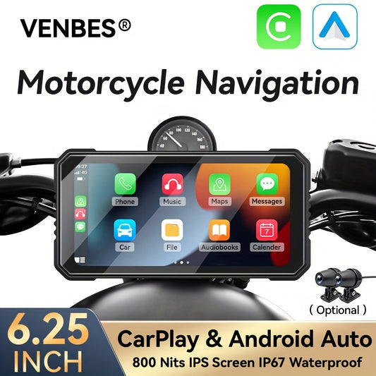 VENBES 6.25-Inch Motorcycle Navigation System with Wireless CarPlay & Android Auto, IP67 Waterproof, Wireless Compatible, for Mount Computer Compatible for /MAPs/Navigations