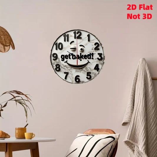1pc 9.84 Inch Round Wall Clock with Funny "Get Naked!" Smiling Face Design - Silent Non-Ticking Japanese Quartz Movement, White Marble-Like Face & Black Hands, Wood/Plastic/Metal Frame - Battery-Powered (AA Battery Not Includ